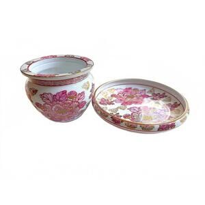 RARE - PINK Gold Imari Shallow Bowl/Plate & Cachepot/planter w/ 24K Gold Japan